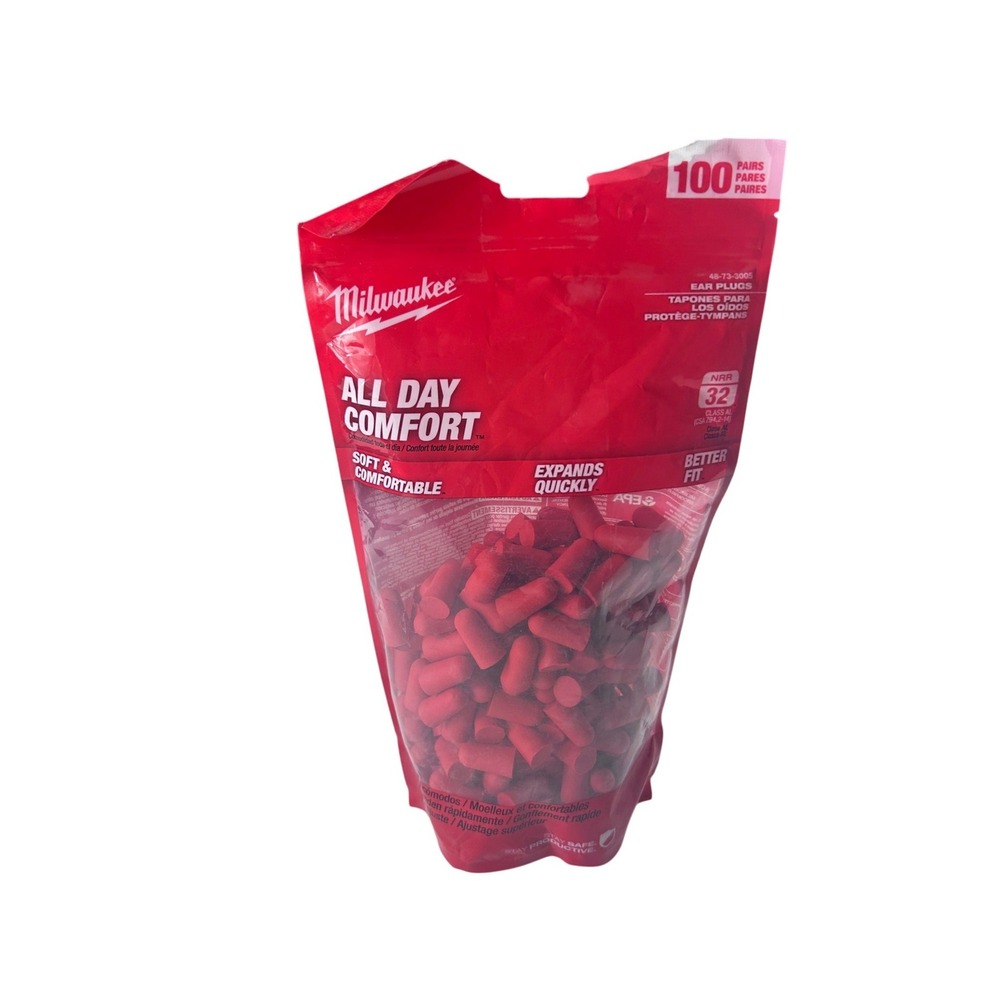 Milwaukee 48-73-3005 All Day Comfort Foam Ear Plugs NRR 32dB Red 100 Pairs NEW